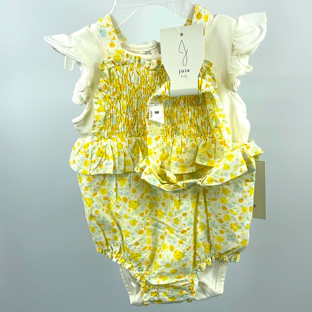 Joie Baby 3pc floral smocked bubble romper onesie bow set Size 6 9 Months